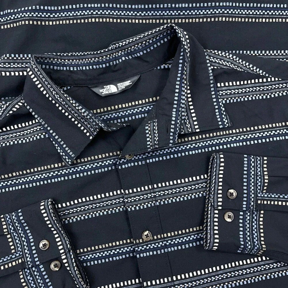 North Face Shirt Men XL‎ Black Striped Button Up Southwestern Hiking Camp Cotton